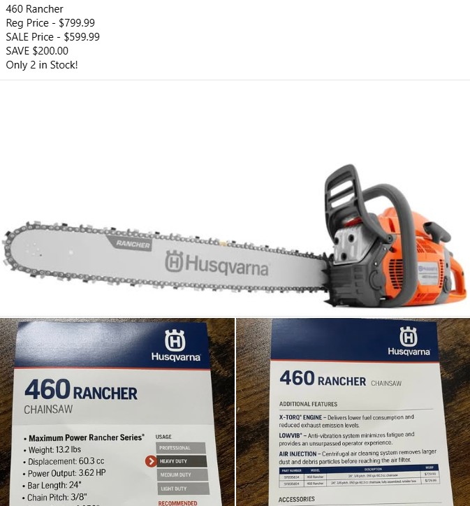 Husqvarna 460 rancher on sale $200 off